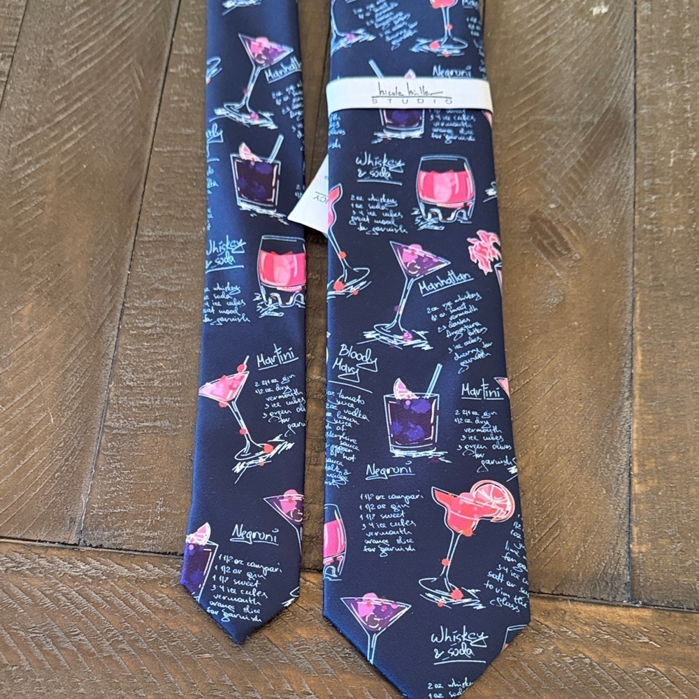 Nicole Miller Dark Blue Tie with Cocktail Designs